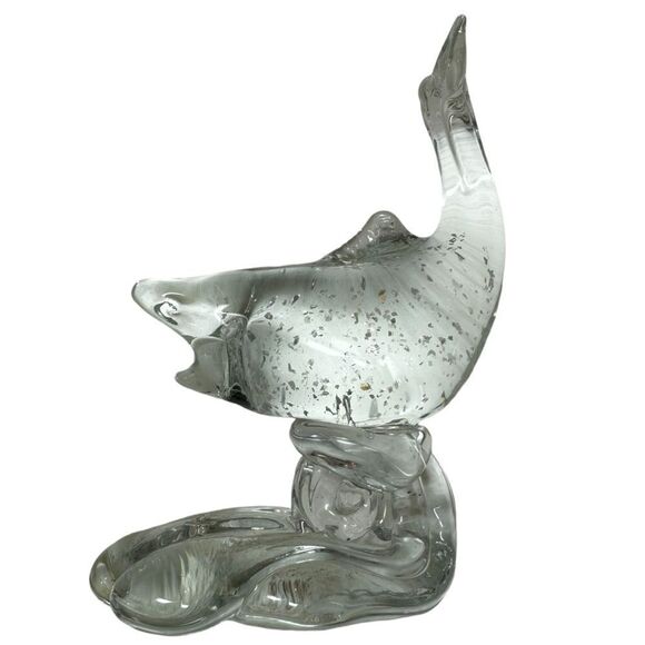 MURANO ART GLASS CLEAR SILVER FLECK 6 1/4 FISH ON WAVE SCULPTURE HAND MADE ITALY - Picture 3 of 8